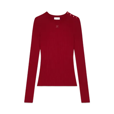 Courreges Shoulder Snaps Rib Knit Sweater "Grenat"