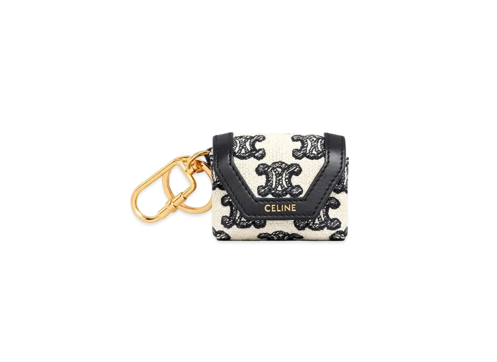 CELINE Envelop Airpods Keyring In Textile With Triomphe Embroidery And Lambskin "Black"