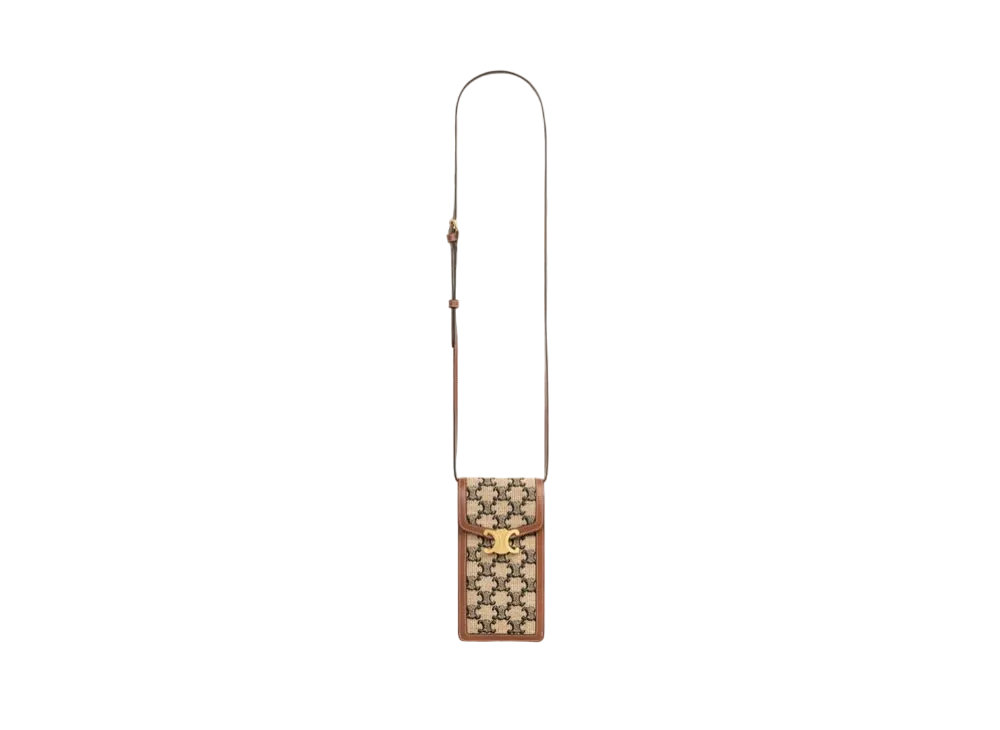 CELINE Vertical Phone Pouch In Textile With Triomphe And Calfskin "Natural/Tan"