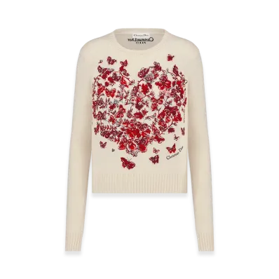 Dior Women's Embroidered Sweater Cashmere Knit Le Coeurs Papillons Motif "Ecru/Red"