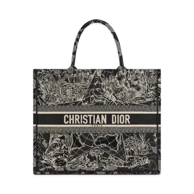 Dior Book Tote Gold-Tone Dior Around the World Stella Embroidery "Black"