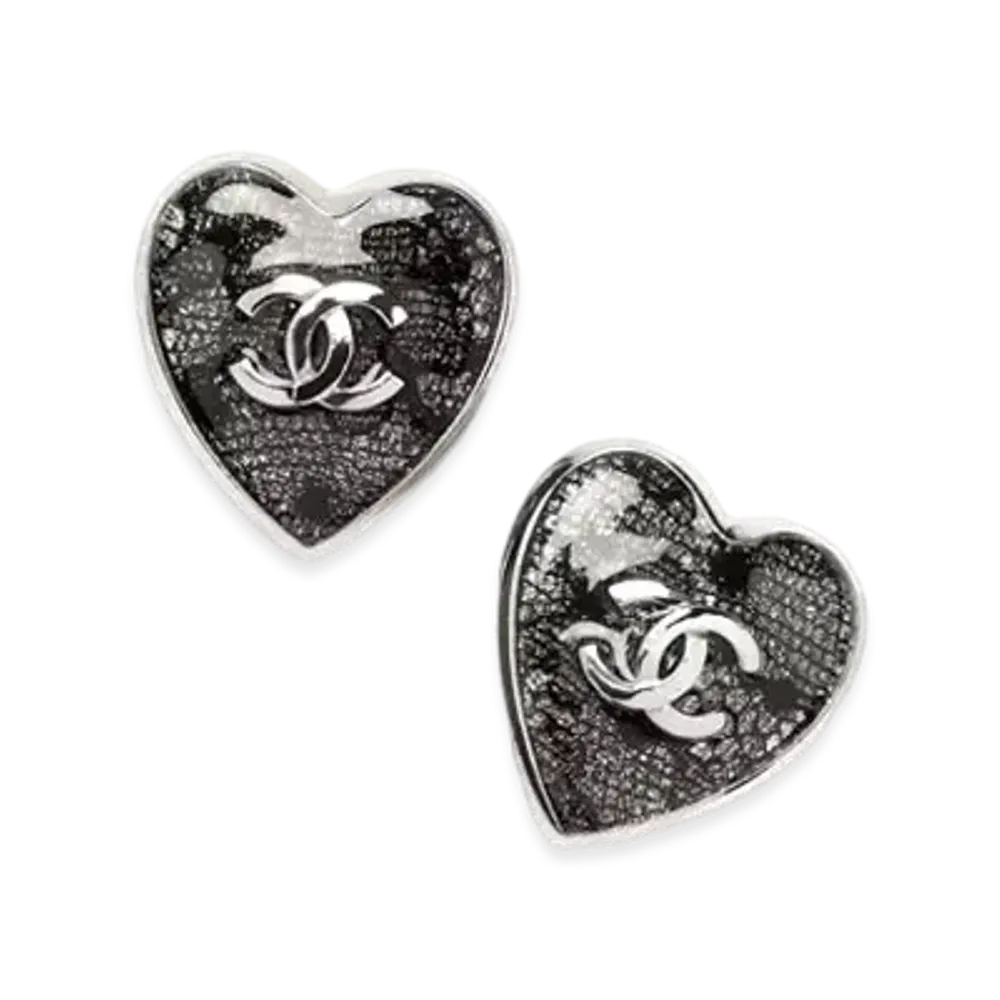 CHANEL Stud Earrings Metal, Lace & Resin "Silver/Black"