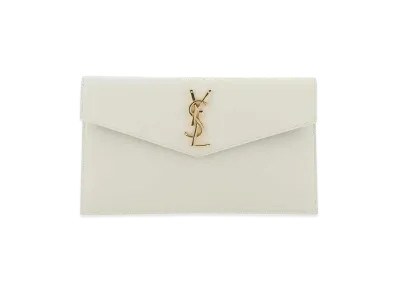 Saint Laurent Women's Uptown Clutch In Grain De Poudre Embossed Leather "White"