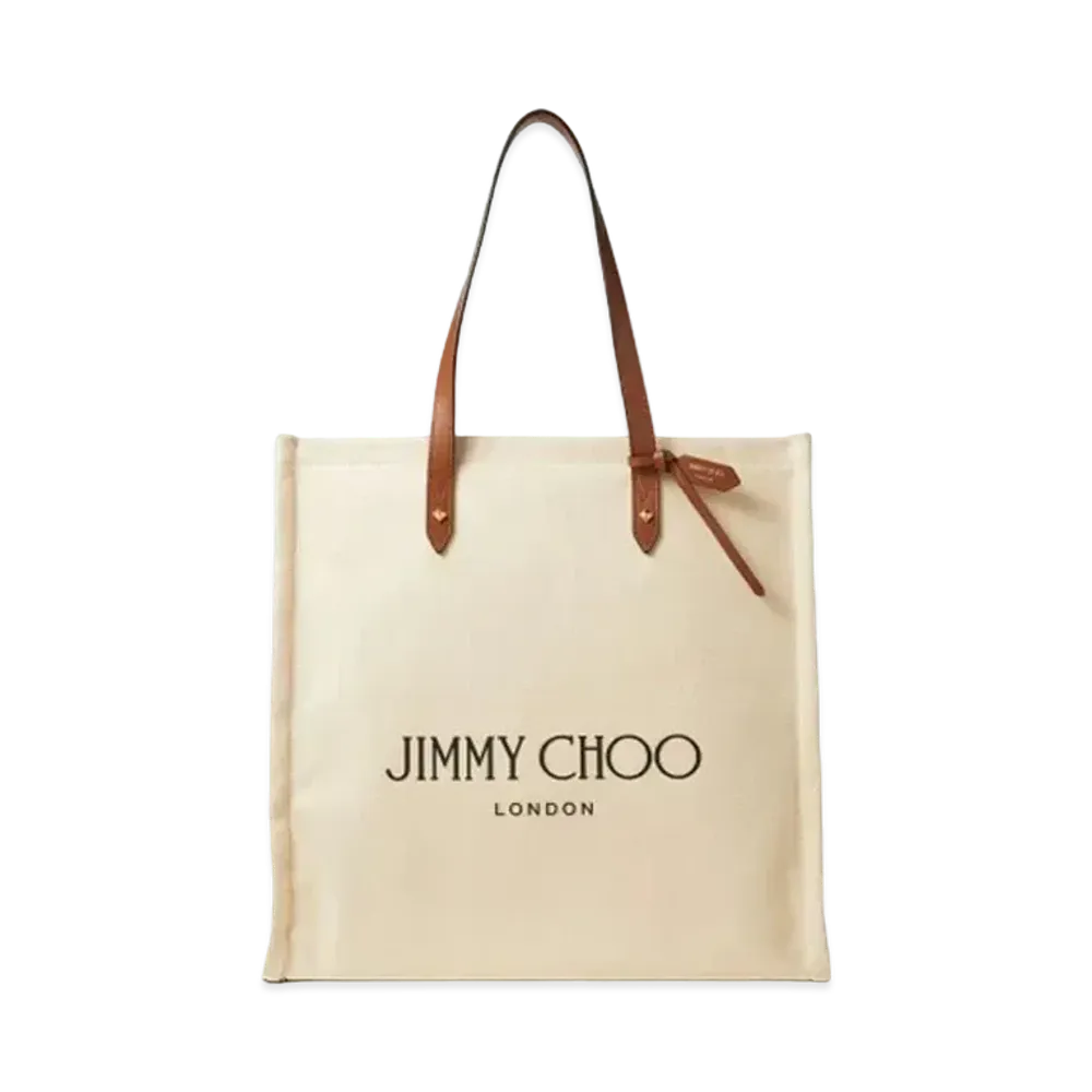 Jimmy Choo Logo Tote Canvas Tote Bag With Leather Handles "Dark Tan Natural"