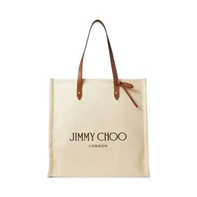 Jimmy Choo Logo Tote Canvas Tote Bag With Leather Handles "Dark Tan Natural"
