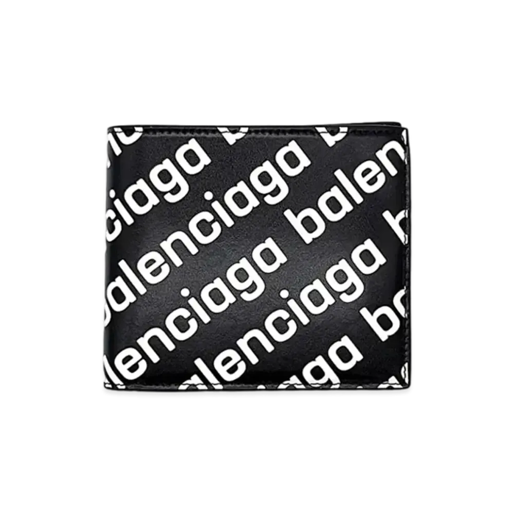 BALENCIAGA Cash Square Folded Wallet Glow In the Dark Allover Logo Printed Smooth Calfskin "Black"