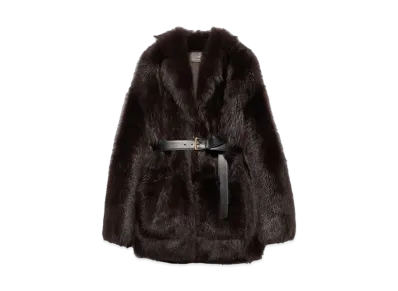PRADA Women's Belted Shearling Caban Jacket "Dark Brown"