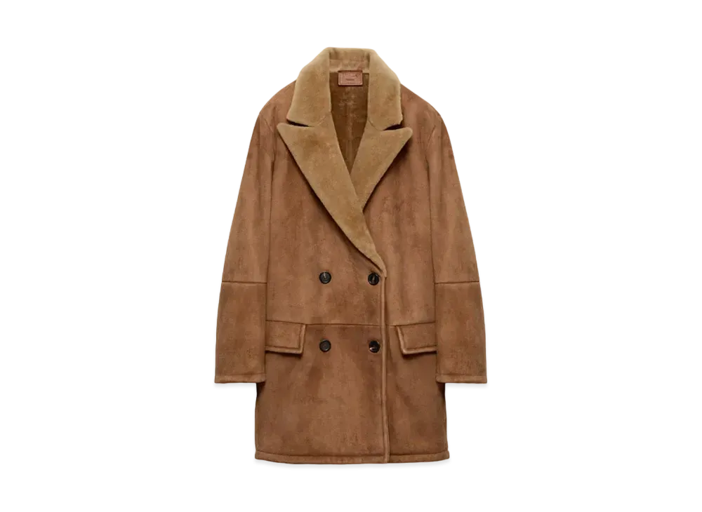 PRADA Women's Double-Breasted Shearling Coat "Beige"