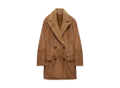 PRADA Women's Double-Breasted Shearling Coat "Beige"