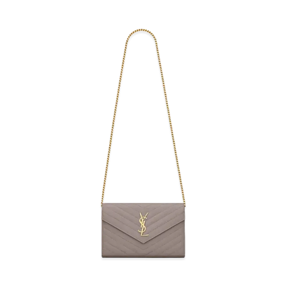 SAINT LAURENT Monogram Chain Wallet In Grain De Poudre Embossed Leather "Fog"