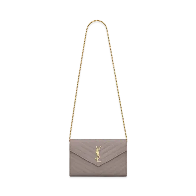 SAINT LAURENT Monogram Chain Wallet In Grain De Poudre Embossed Leather "Fog"