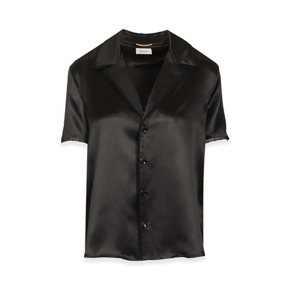 Saint Laurent Women's Silk Satin And Lace Short Sleeve Shirt "Black"