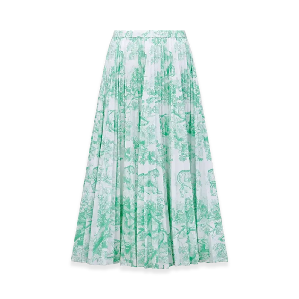 Dior Women'scotton Denim with Toile De Jouy Sauvage Motif Dioriviera Pleated Mid Length Skirt "White/Aquamarina"