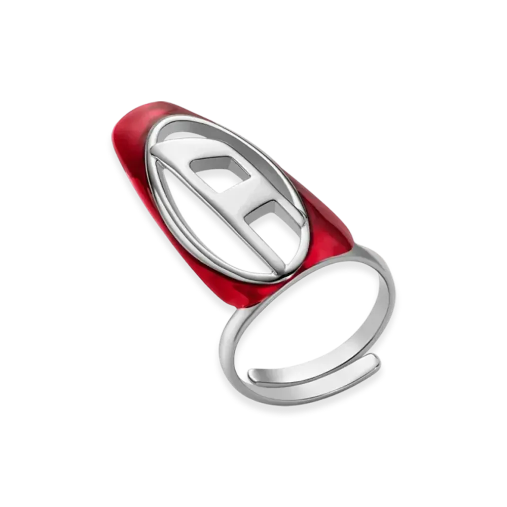 Diesel Dx1526 Jewel Silver-Tone Brass Nail Ring "Red"