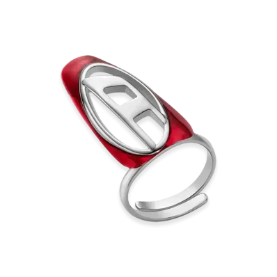 Diesel Dx1526 Jewel Silver-Tone Brass Nail Ring "Red"