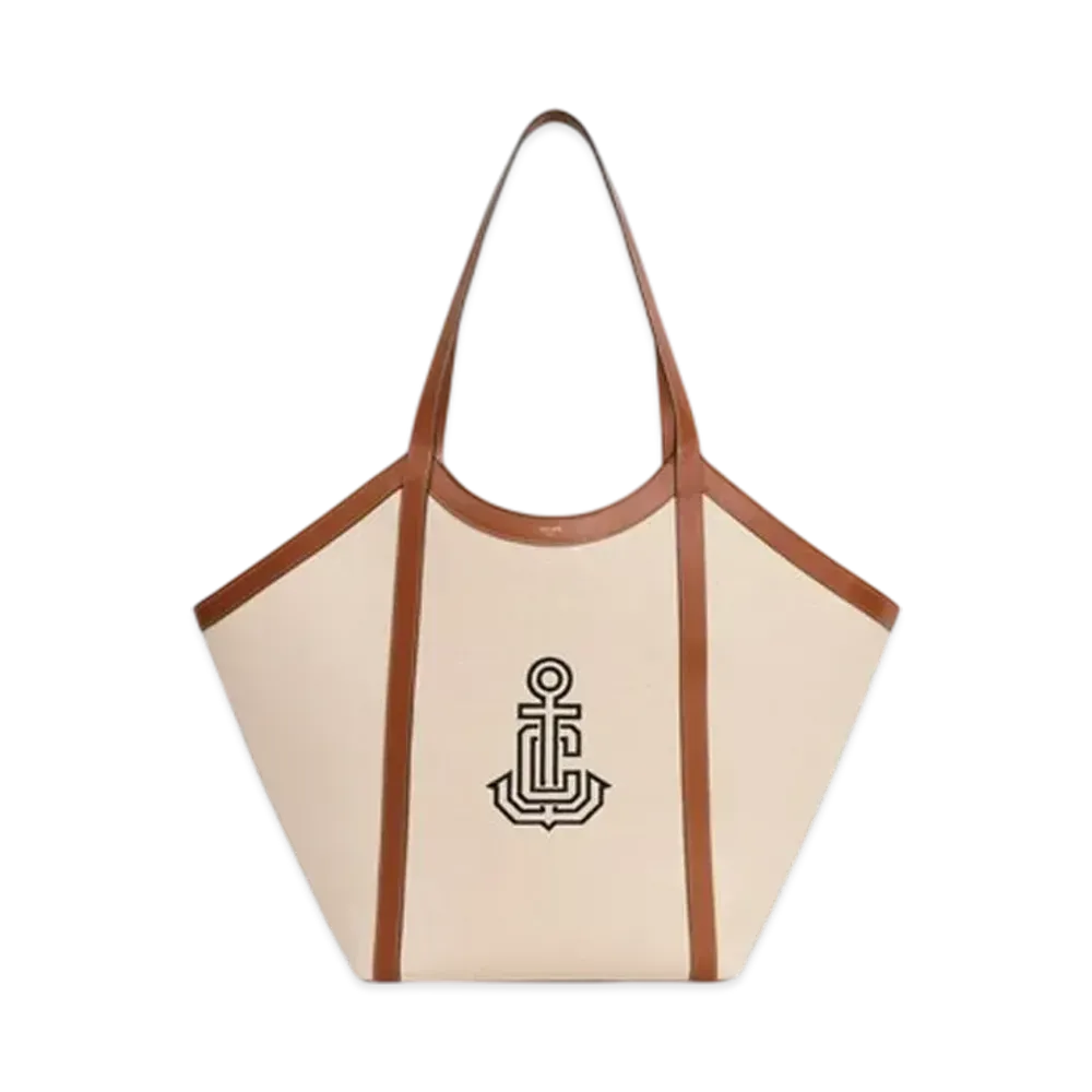 CELINE Large Cabas in Textile with Anchor Embroidery and Calfskin "Natural/Tan"