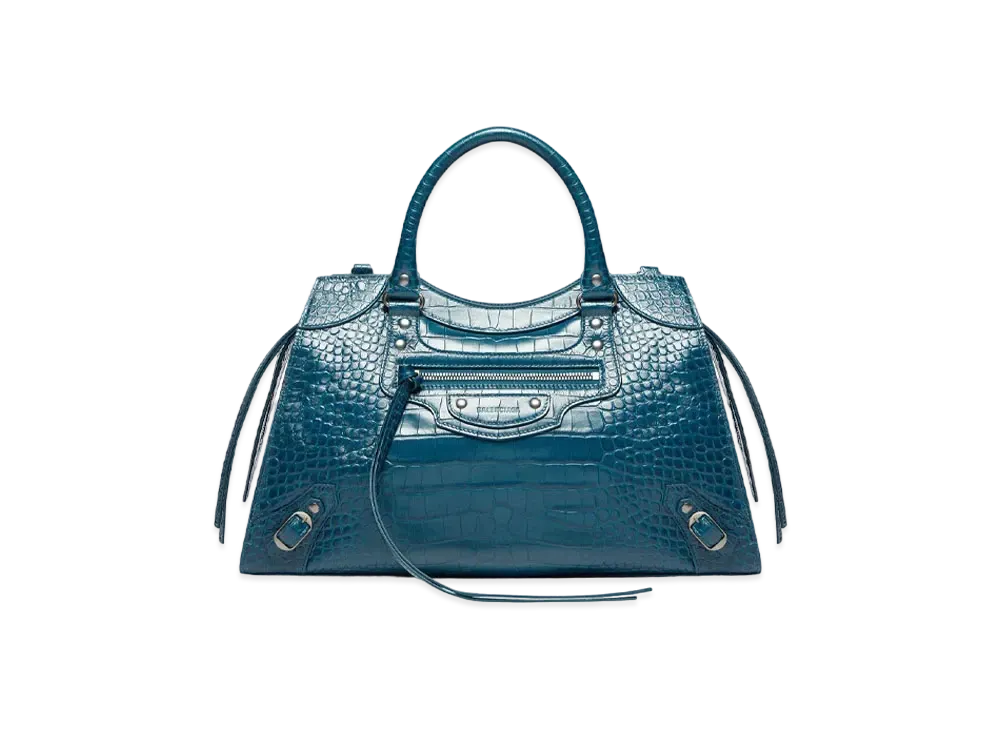 BALENCIAGA Neo Classic Medium Handbag In Extra Supple Crocodile Embroidered Calfskin "Dark Blue"