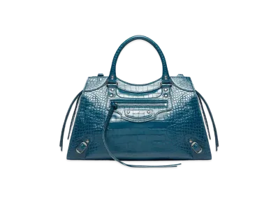BALENCIAGA Neo Classic Medium Handbag In Extra Supple Crocodile Embroidered Calfskin "Dark Blue"