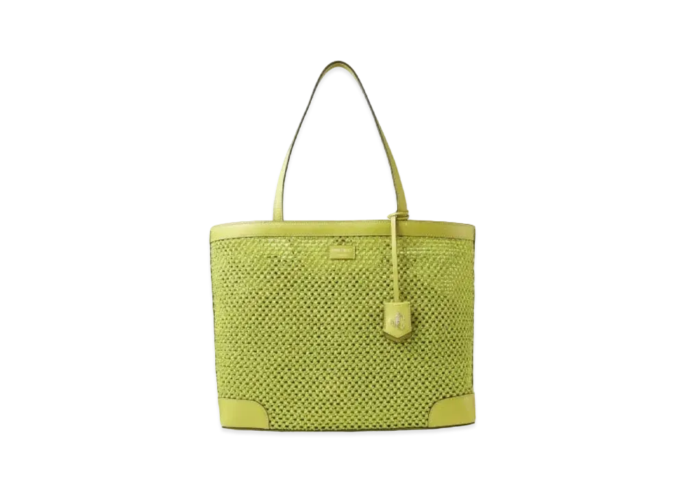 JIMMY CHOO NINE2FIVE E/W Raffian Net Curf Leather Tote Bag "Lime"