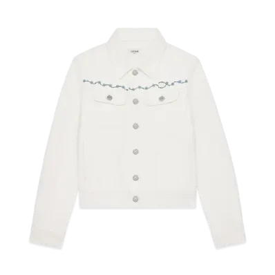 CELINE Women's Embroidered Trucker Jacket in Raw Wash Denim "Raw Wash/White"