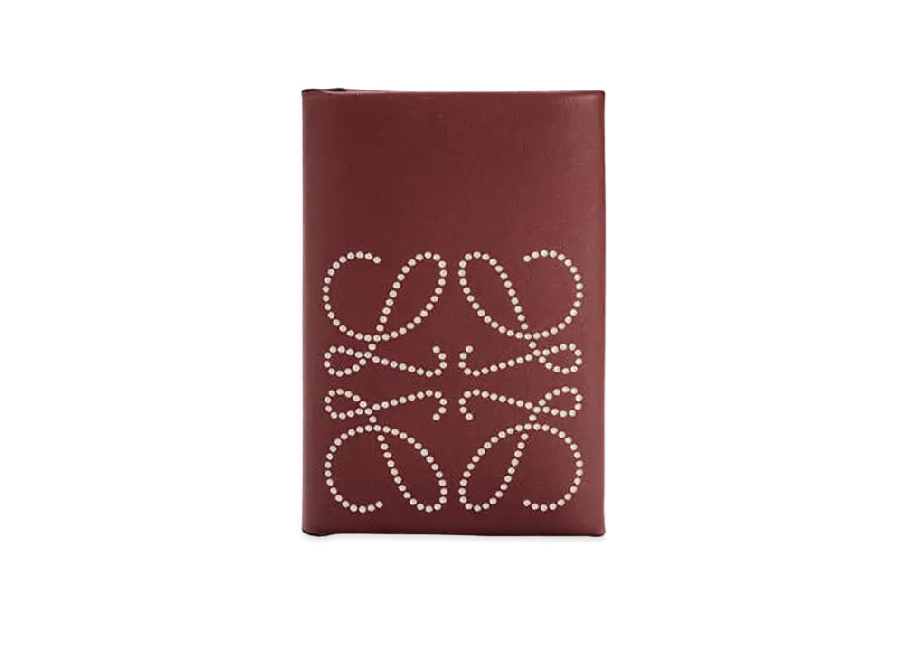 LOEWE Brand Bifold Card Case In Calfskin "Berry / Light Oat"