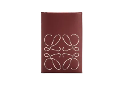 LOEWE Brand Bifold Card Case In Calfskin "Berry / Light Oat"