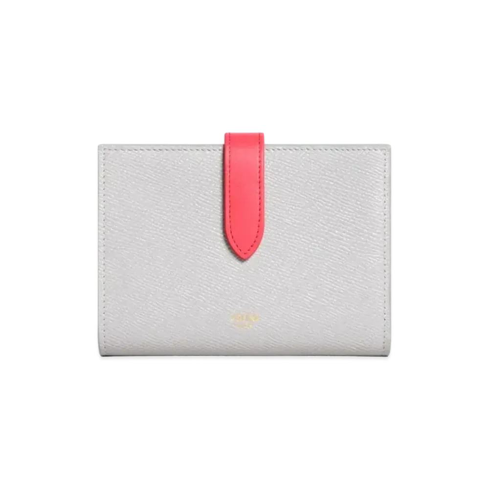 CELINE Medium strap wallet in Bicolour Grained Calfskin "Light Gray/Grenadine"
