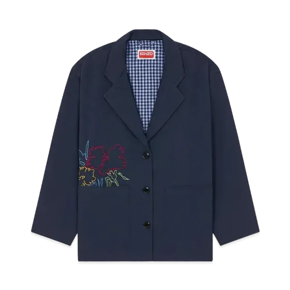 KENZO 'DRAWN FLOWERS' Embroidery Workwear Jacket "Midnight Blue"