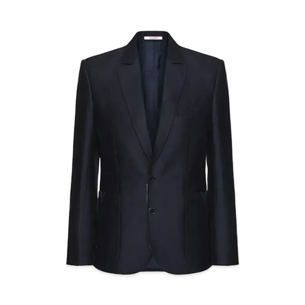 Valentino Product Wool and Silk Single Breasted Jacket With Rubberized V Detail "Navy"