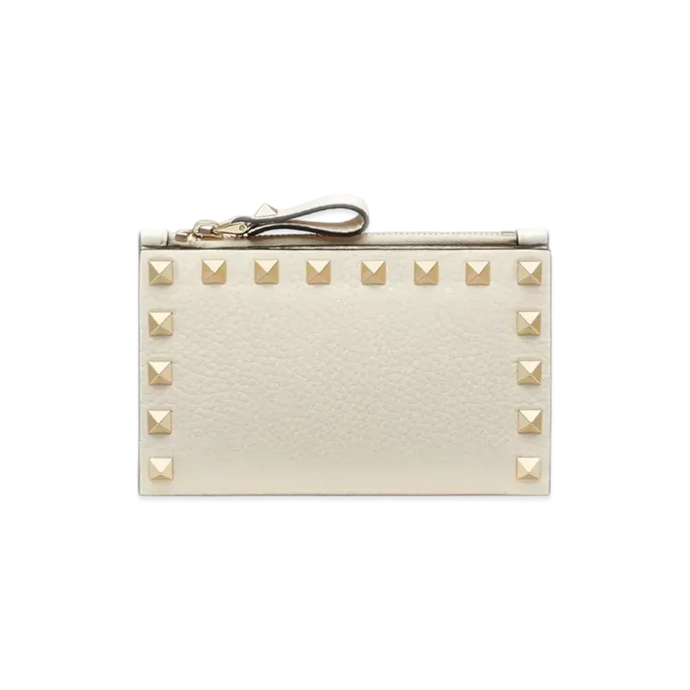 Valentino Mini Rockstud Grainy Calfskin Zipped Cardholder "Light Ivory"