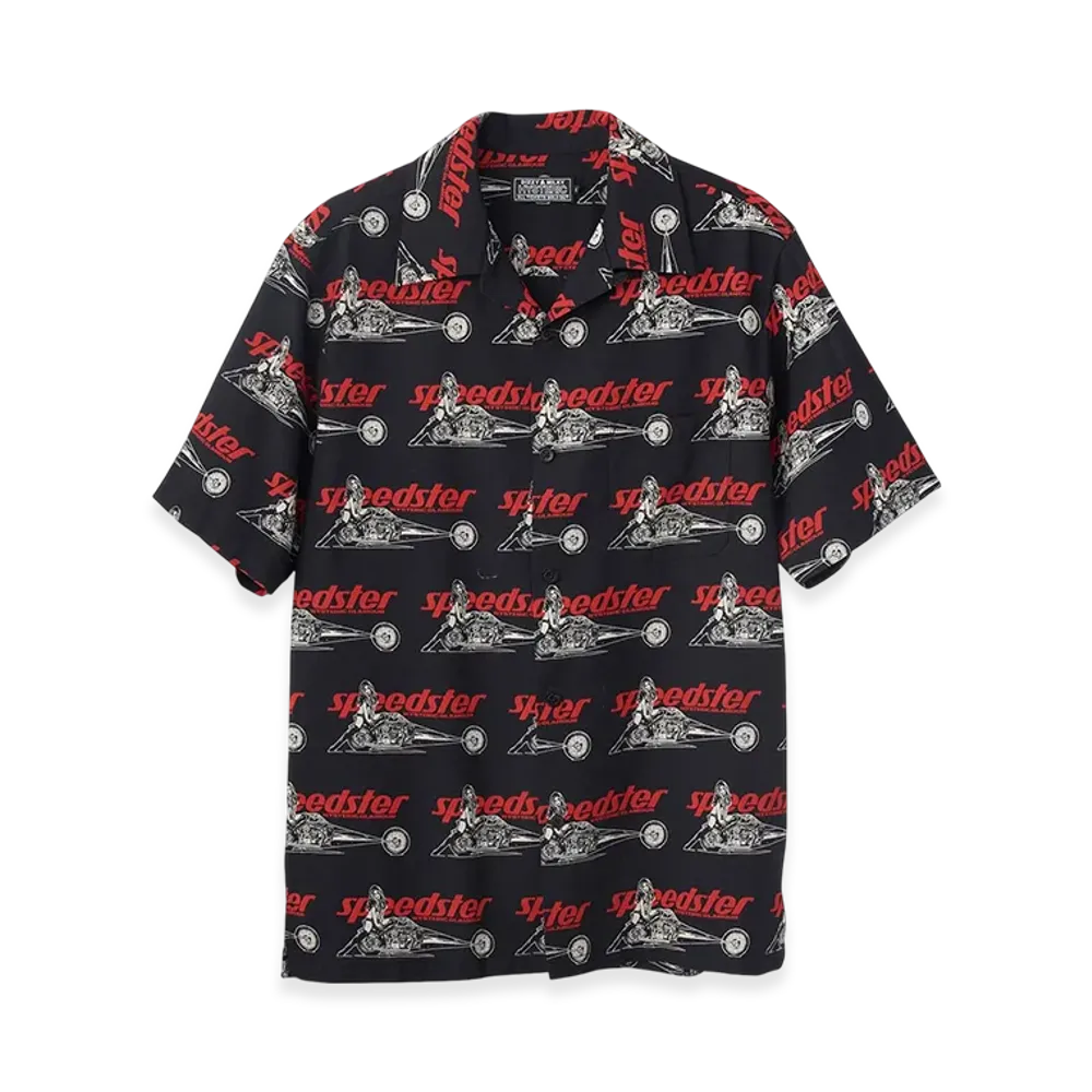 HYSTERIC GLAMOUR Speedster Remix Pattern Open Collar Shirt "Black"