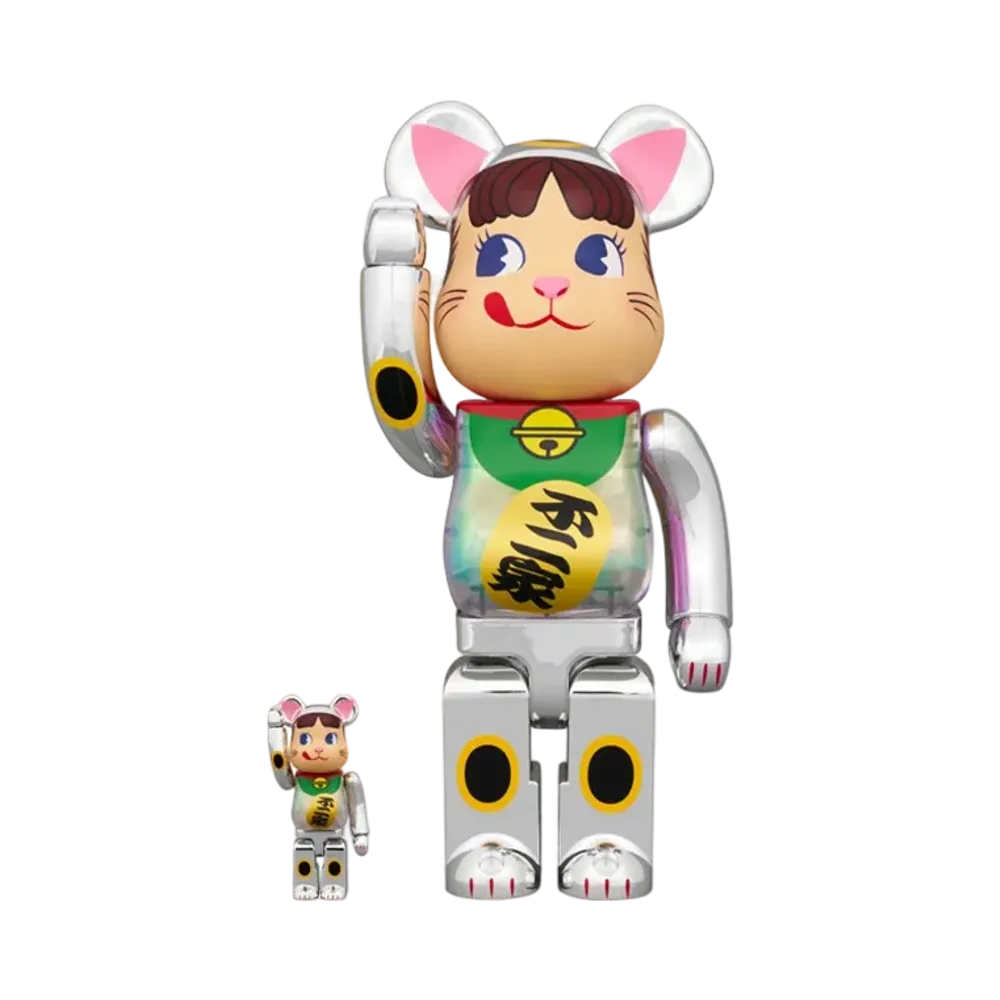 MEDICOM TOY "BEARBRICK" Lucky Cat Peko-chan Silver Plated Luminescent Milky 100% & 400%