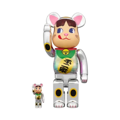 MEDICOM TOY "BEARBRICK" Lucky Cat Peko-chan Silver Plated Luminescent Milky 100% & 400%