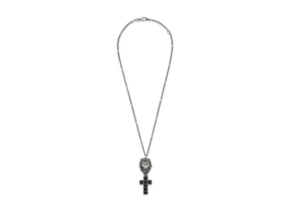 GUCCI Lion Head Cross Pendant Necklace "Silver"
