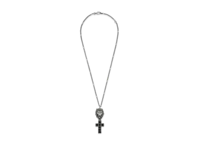 GUCCI Lion Head Cross Pendant Necklace "Silver"