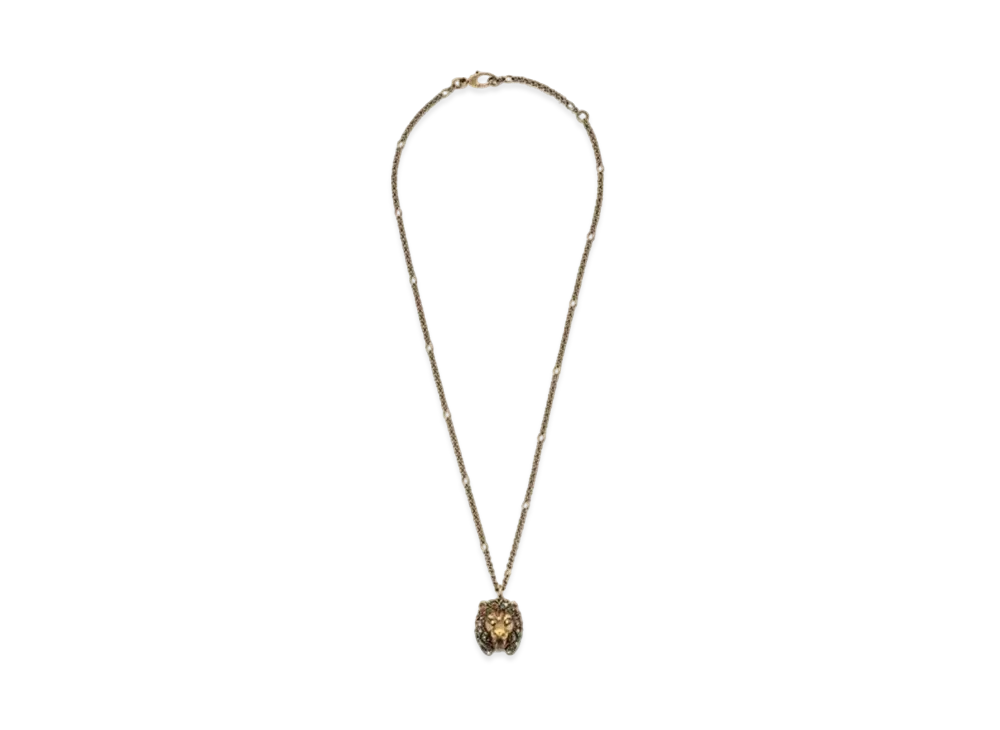 GUCCI Lion Head Colored Stone Necklace "Gold"