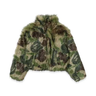 A BATHING APE Ladies One Point Metallic Long Fur Jacquard Down Jacket "Green"