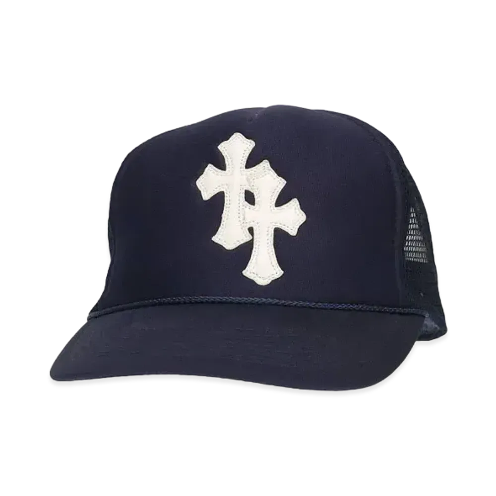 Chrome Hearts Trucker Cap 2 Cross Leather Patch Cross Ball Mesh "Navy"