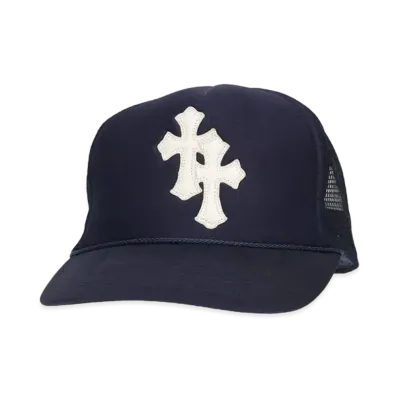 Chrome Hearts Trucker Cap 2 Cross Leather Patch Cross Ball Mesh "Navy"