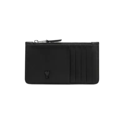 AMI PARIS Smooth Leather Ami De Coeur Zipped Card Holder "Black"