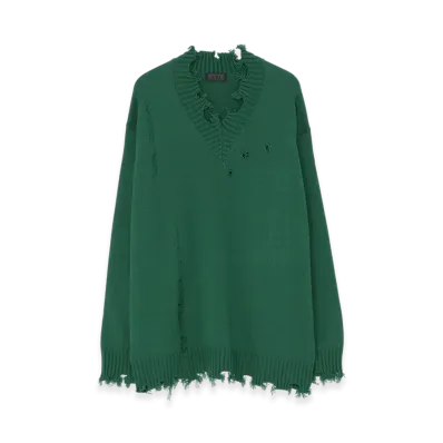 S'YTE 7G Bulky Wool Damage V Neck Pullover "Green"