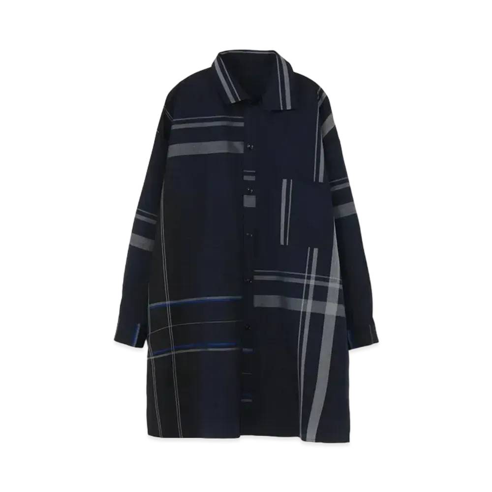 Yohji Yamamoto Y's W/GABARDINE CHECK FLAP COLLAR BIG SHIRT "Navy"