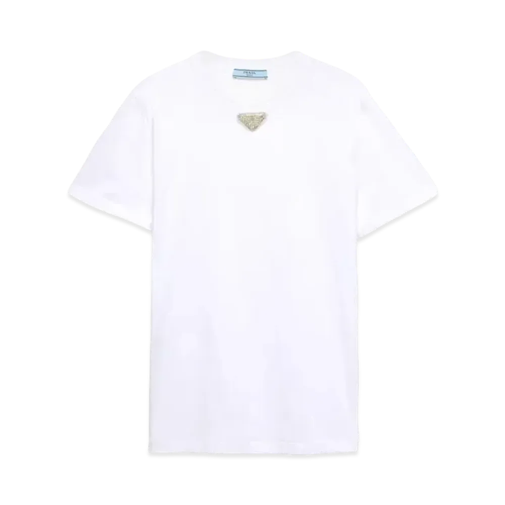 PRADA Women's Jersey T-Shirt with Embroidered Triangle "White"