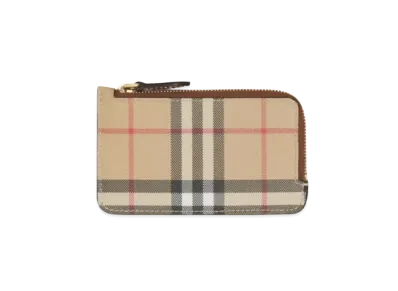 BURBERRY Vintage Check & Leather Zip Card Case "Tan"