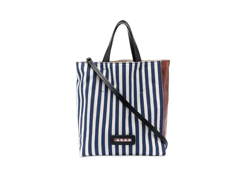 Marni Blue Striped Canvas And Brown Calf MUSEO Soft Bag "Ocean/Sienna Earth"