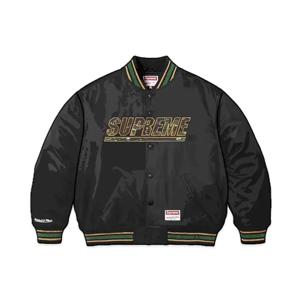 Supreme Mitchell & Ness Camo Logo Varsity Jacket "Black"