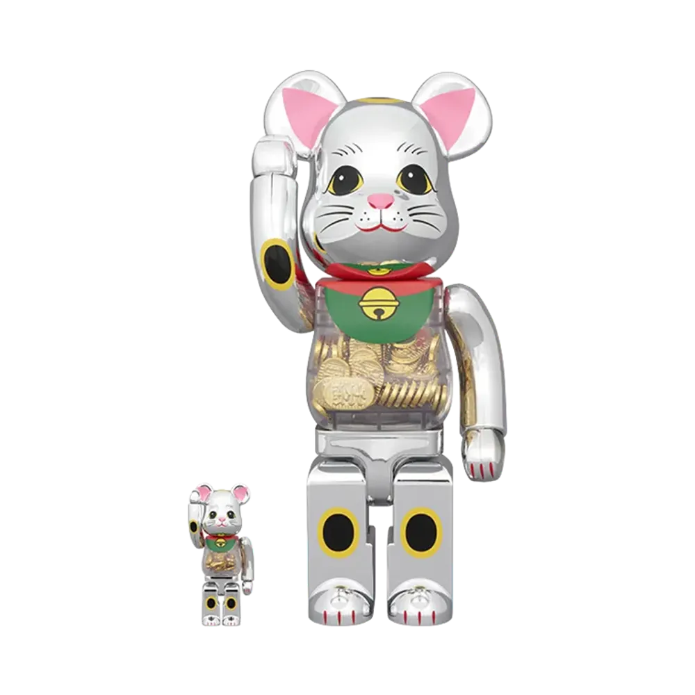 MEDICOM TOY "BEARBRICK" Maneki-Neko (Beckoning Cat) Gold Coin, 10 Million Ryo, Silver Plated, 100% & 400%