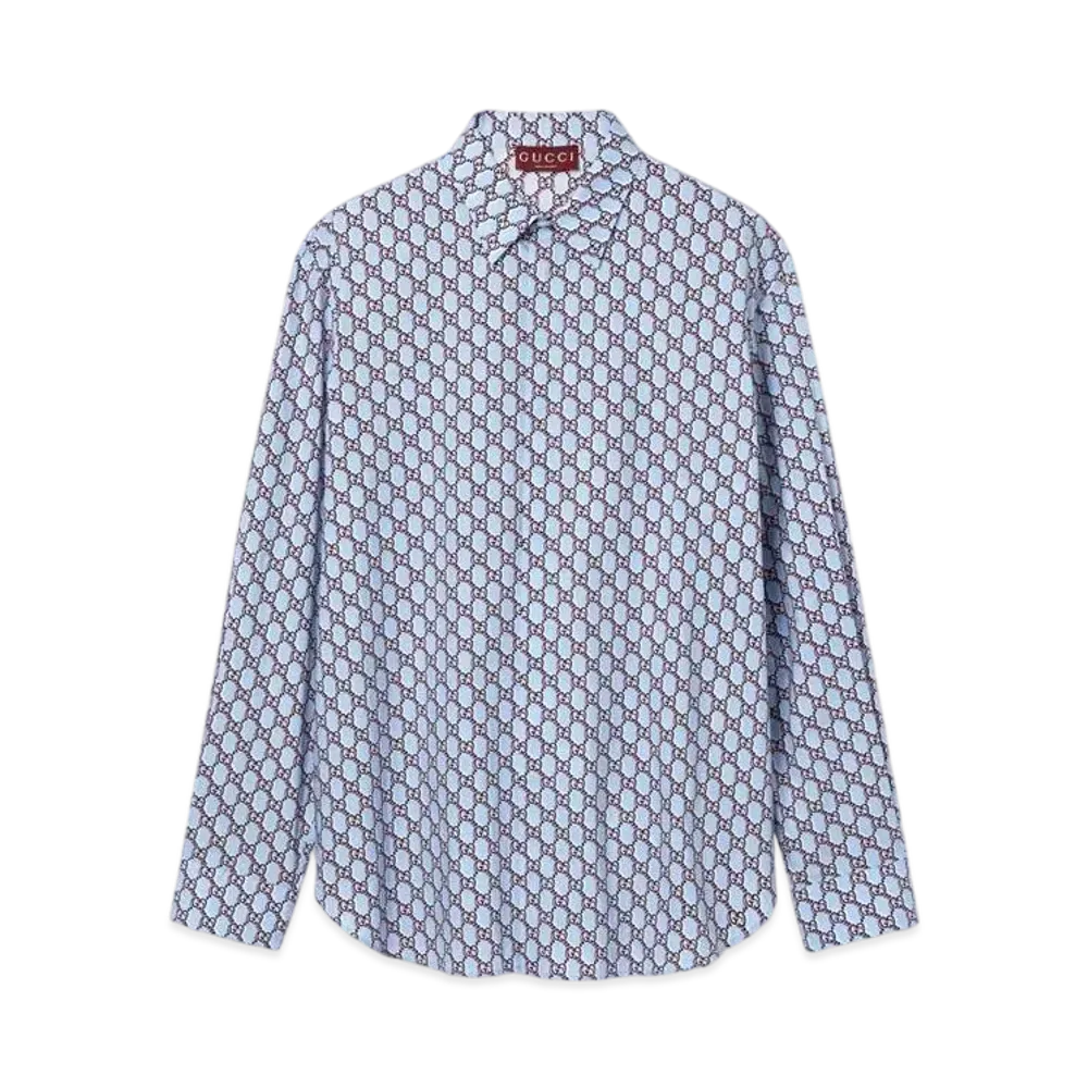 GUCCI Printed Cotton Shirt "Light Blue/Rosso Ancora"