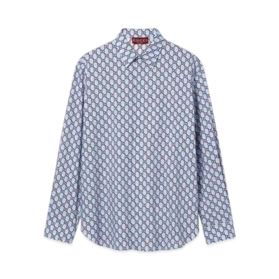 GUCCI Printed Cotton Shirt "Light Blue/Rosso Ancora"