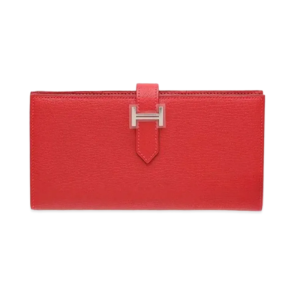 Hermes Bearn Soufflet Chevre Mysore "Rouge Casaque/Silver"